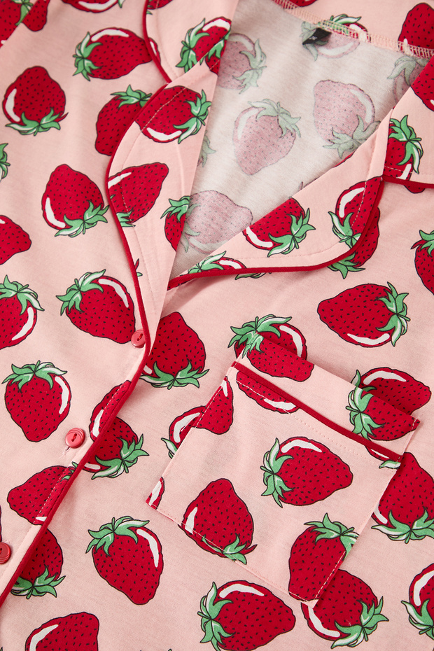Pembe Çilek Desenli Biye Detaylı Uyku Bantlı Örme Pijama Takımı TBBSS25AI00010 - 8