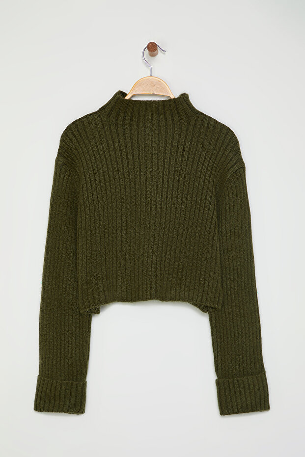 Haki Crop Yumuşak Dokulu Dik Yaka Triko Hırka TWOAW22HI0174 - 7