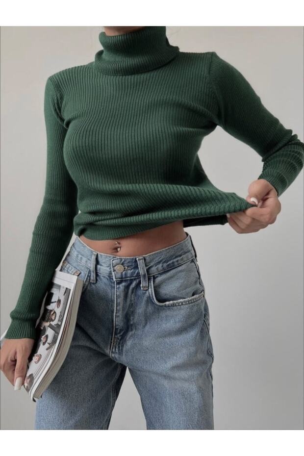 Jacquard Khaki Green Cotton Lycra Turtleneck Sweater Blouse