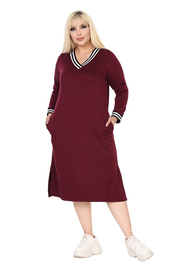 Women's Plus Size Burgundy Neckline Stripe V Neck Sweat Dress