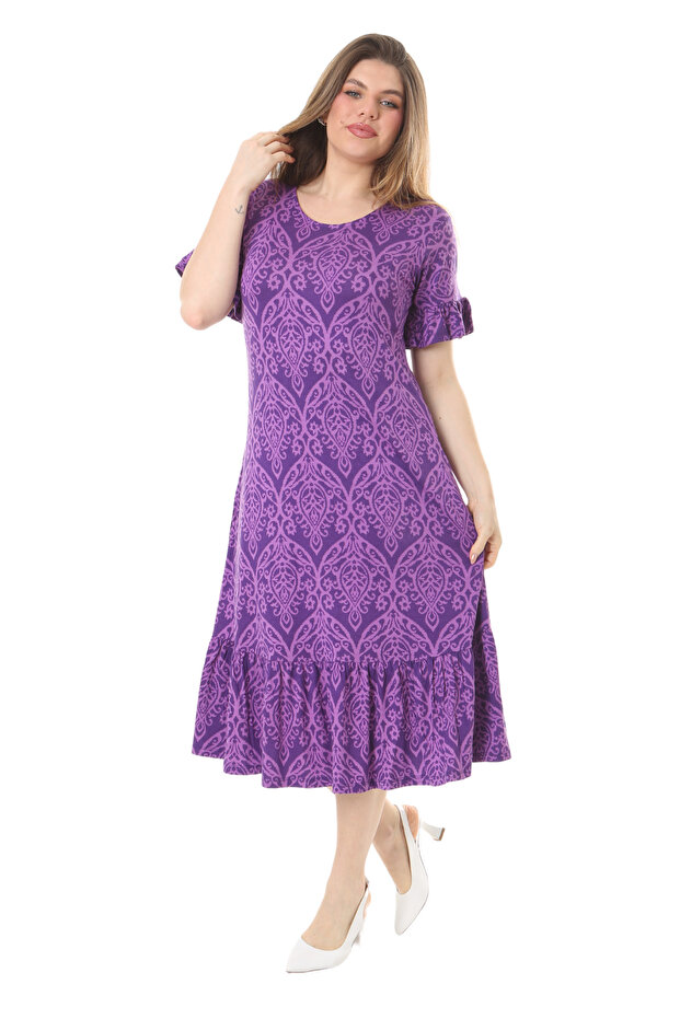Women's Purple Kilim Pattern Short Sleeve Dress with Ruffles and Pockets