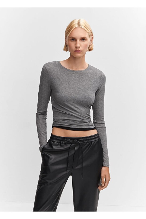 Deri görünümlü beli elastik pantolon - 6