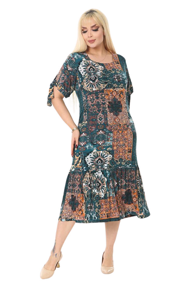 Women's Green Ethnic Pattern Large Size Dress with Tied Sleeves