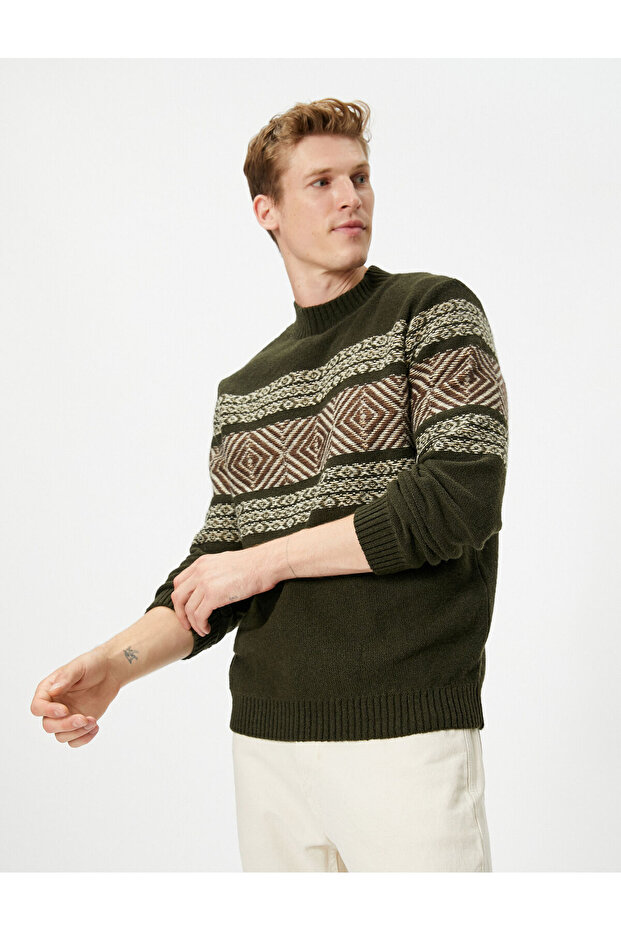 Half Turtleneck Sweater Ethnic Patterned Ribbed