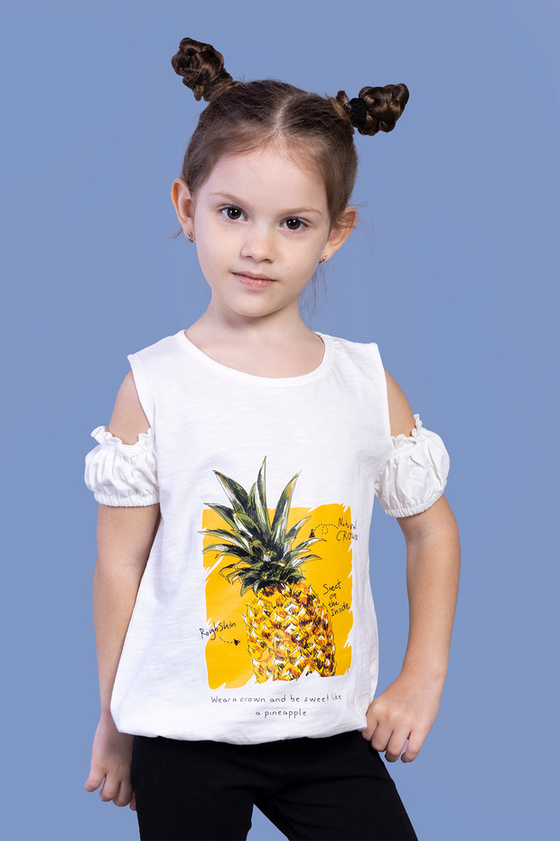 Girl's Pineapple Printed T-Shirt with Sleeve Detail