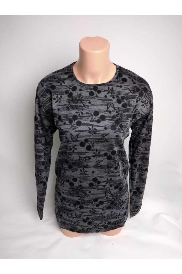 Women's Smoked Patterned Crew Neck Long Sleeve Seasonal Lizy Mother Combed Cotton T-Shirt Blouse with Slits on the Sides