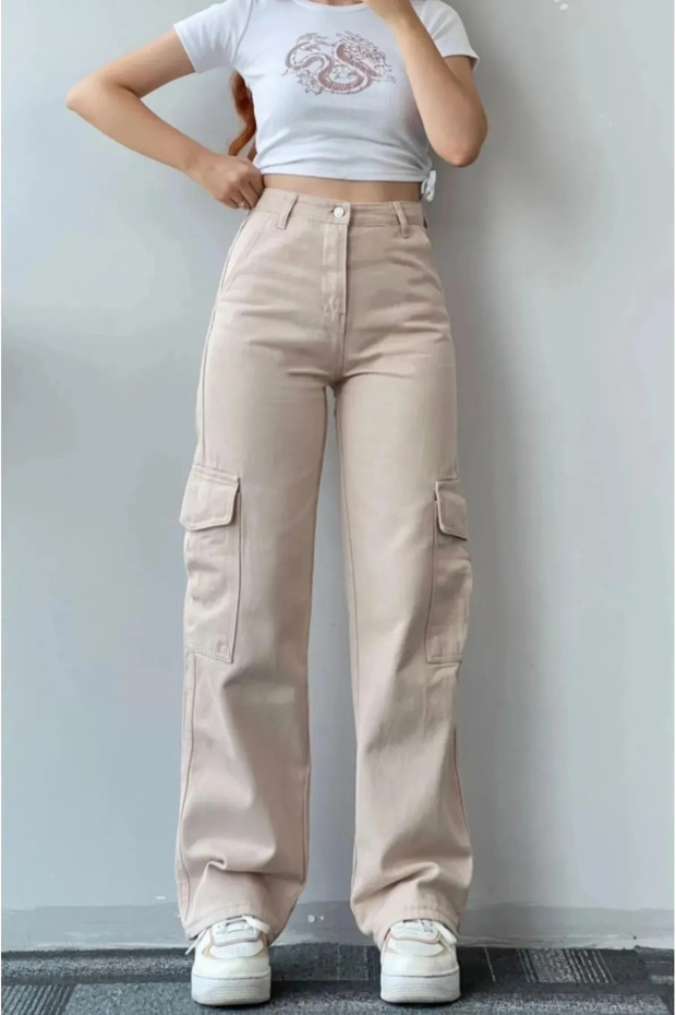 Bej Kargo Cepli Yüksek Bel Wide Leg Pantolon - 3