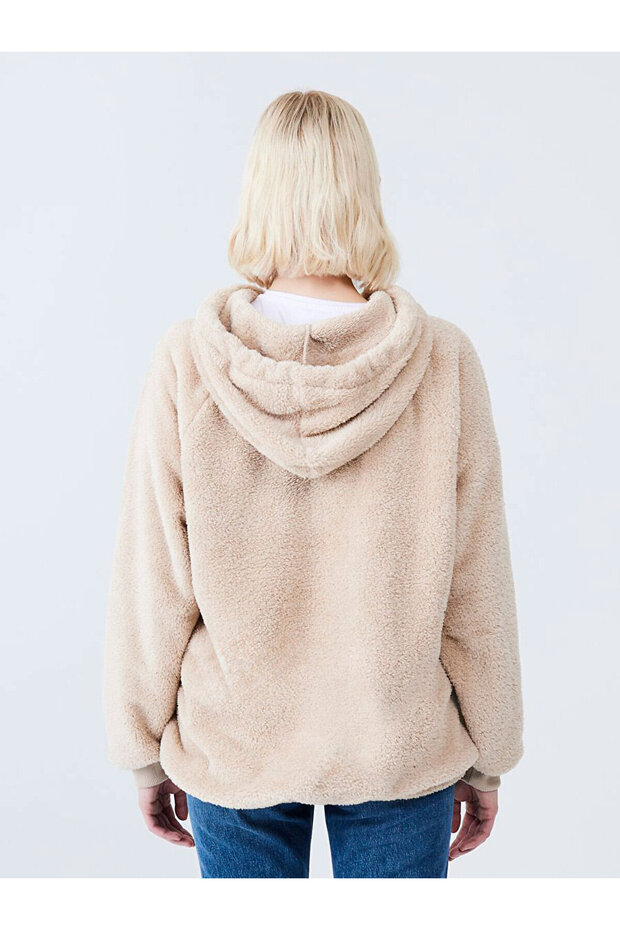 Kapüşonlu Slogan Işlemeli Bej Sweatshırt - 3