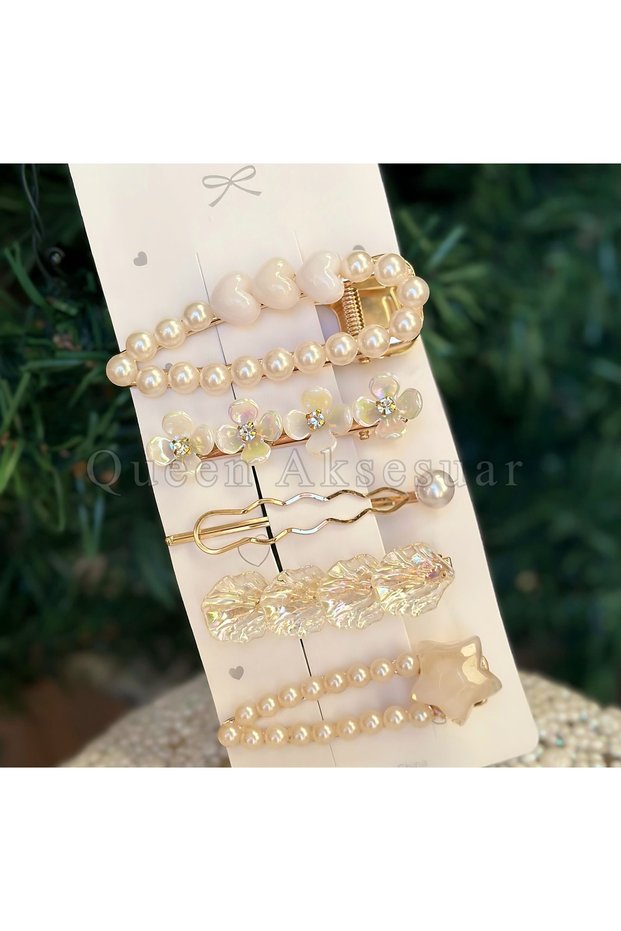 Luxury Metal 5-Piece Set with Stones, Flowers, Mother-Of-Pearl Pearls, Hearts and Stars for Women and Children, Side Buckle Set with Clips, White
