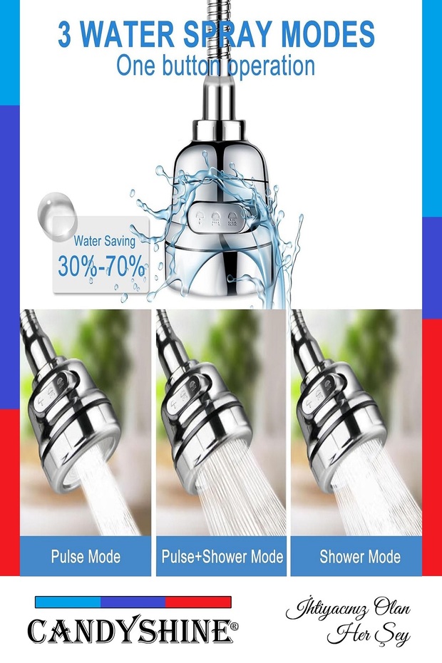 Elal 3 Function 360° Movable Faucet Head Saving Head Chrome - 4