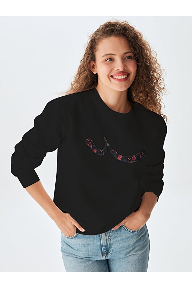 Logolu Bisiklet Yaka Siyah Sweatshırt - 3