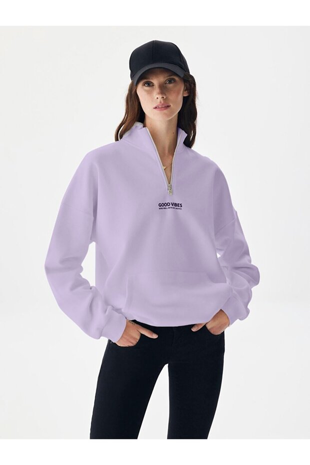 Oversıze Yarım Fermuarlı Lila Sweatshırt - 2