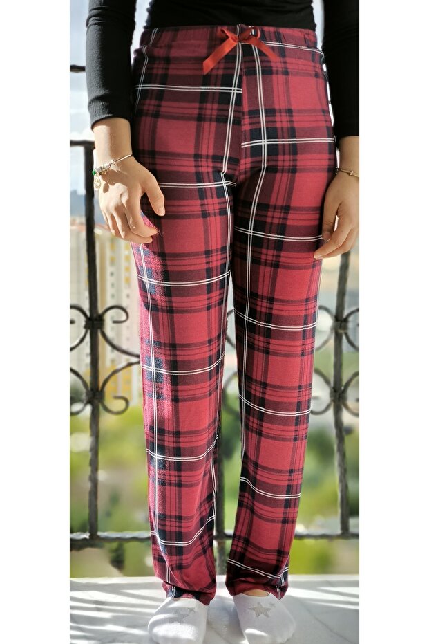 Women's Plaid-Patterned Plain Cotton Viscose Pajama Bottoms
