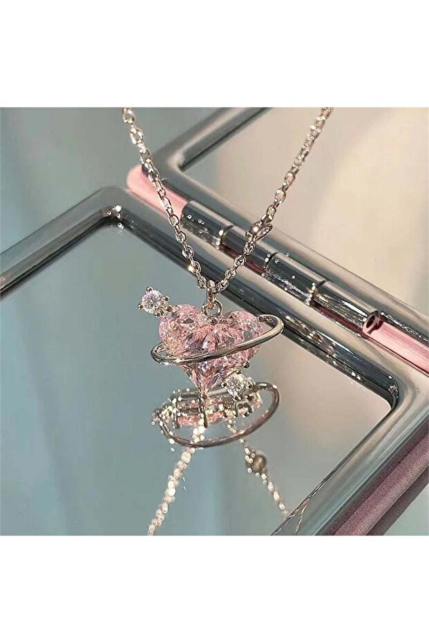 Double Stone Heart Silver Kolye - 2