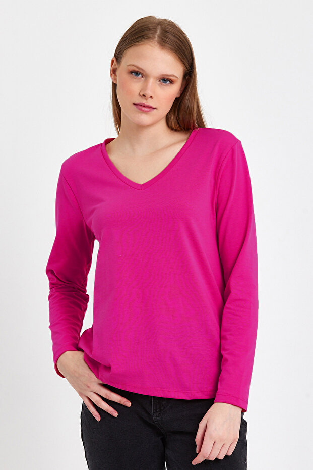 Kadın Uzun Kollu V Yaka Basic Pamuklu Örme Bluz - 1