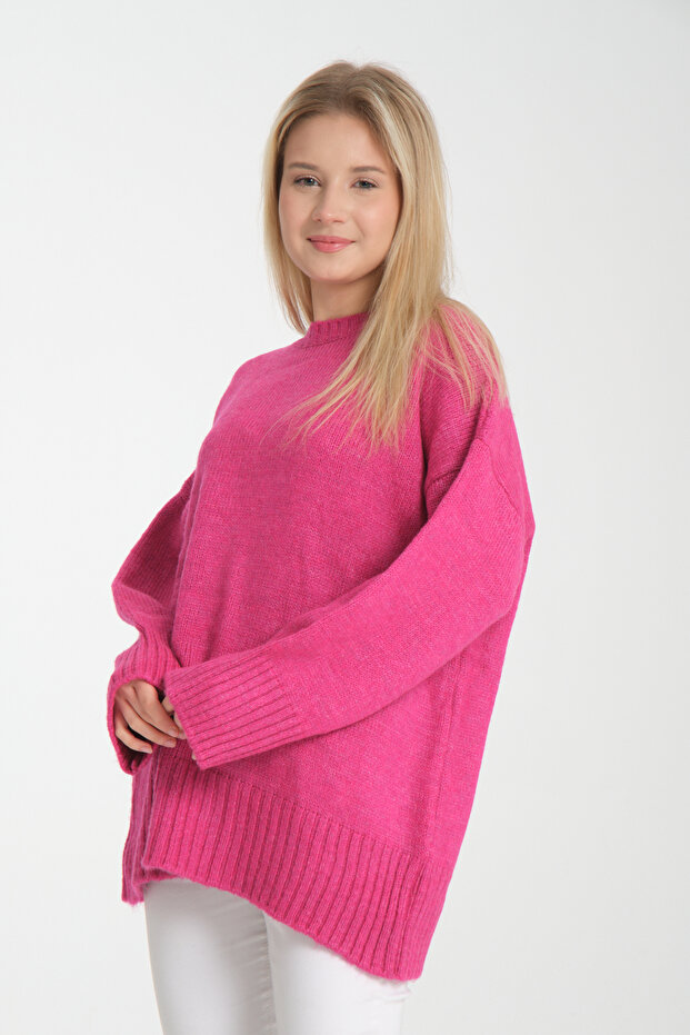 Oversize Basic Pembe Uzun Kadın Kazak - 8