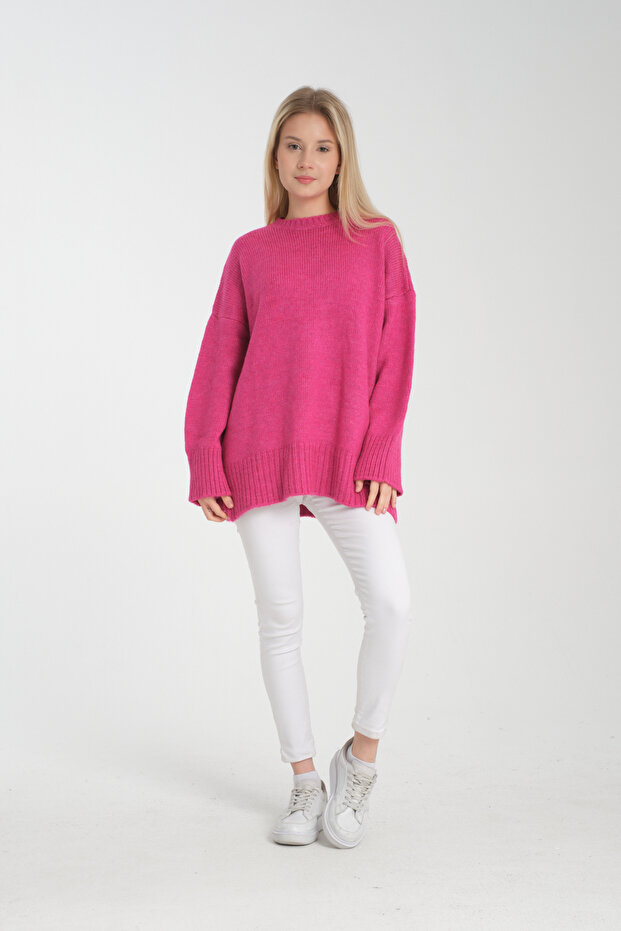 Oversize Basic Pembe Uzun Kadın Kazak - 7
