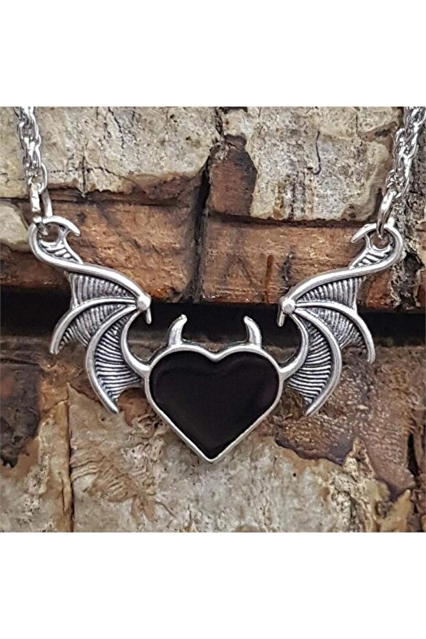 Bat Winged Heart Black Necklace with Chain