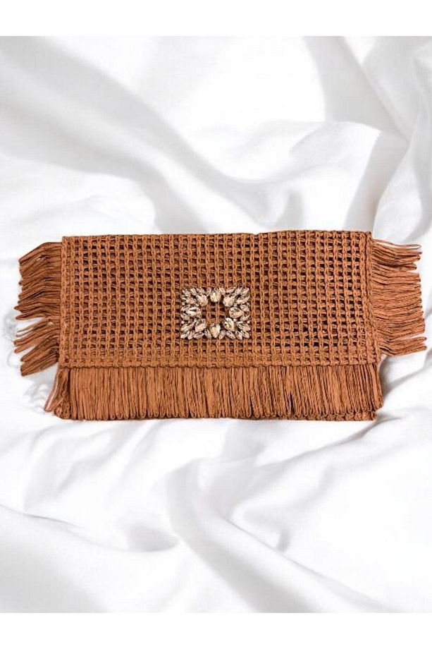 TAŞ DETAYLI HASIR CLUTCH ÇANTA - 1