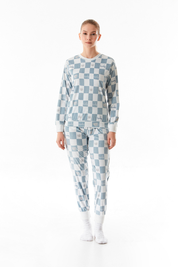 Checkerboard Print Crew Neck 2-Piece Velvet Pajamas Set