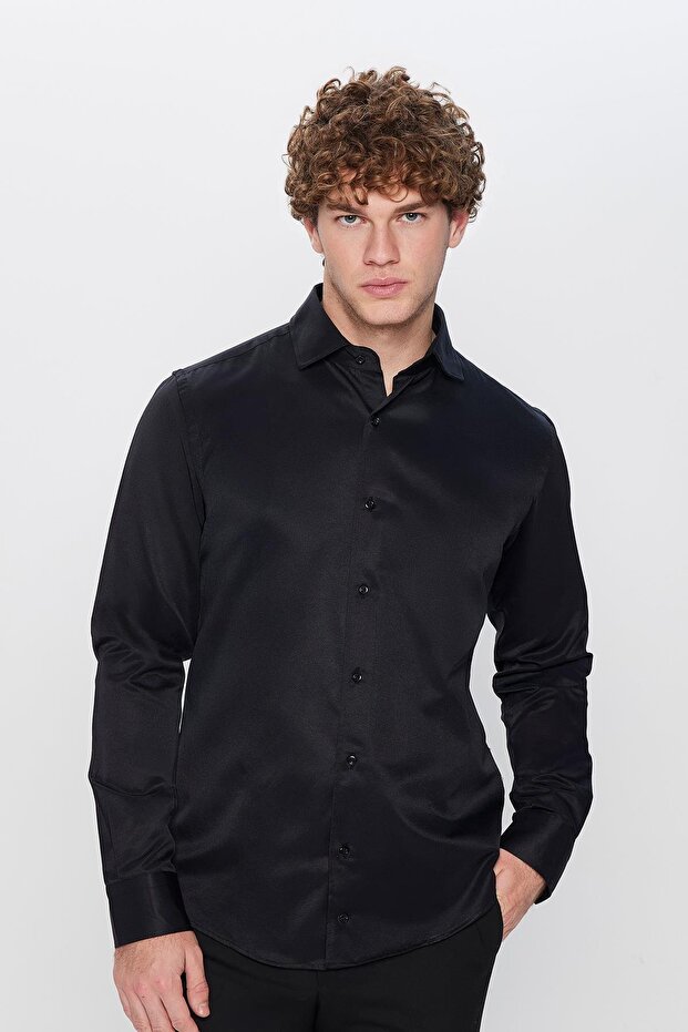 Men's Slim Fit Slim Fit Cotton Plain Black Shirt