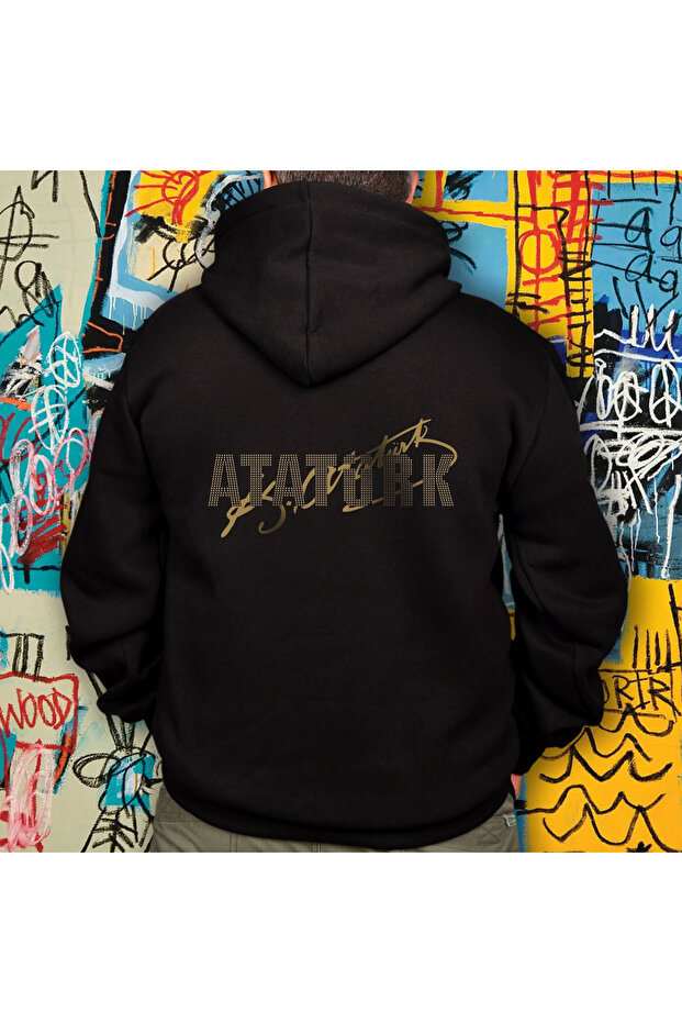Ataturk Bronze Stone Printed Design Oversize Hoodie Sweatshirt Black