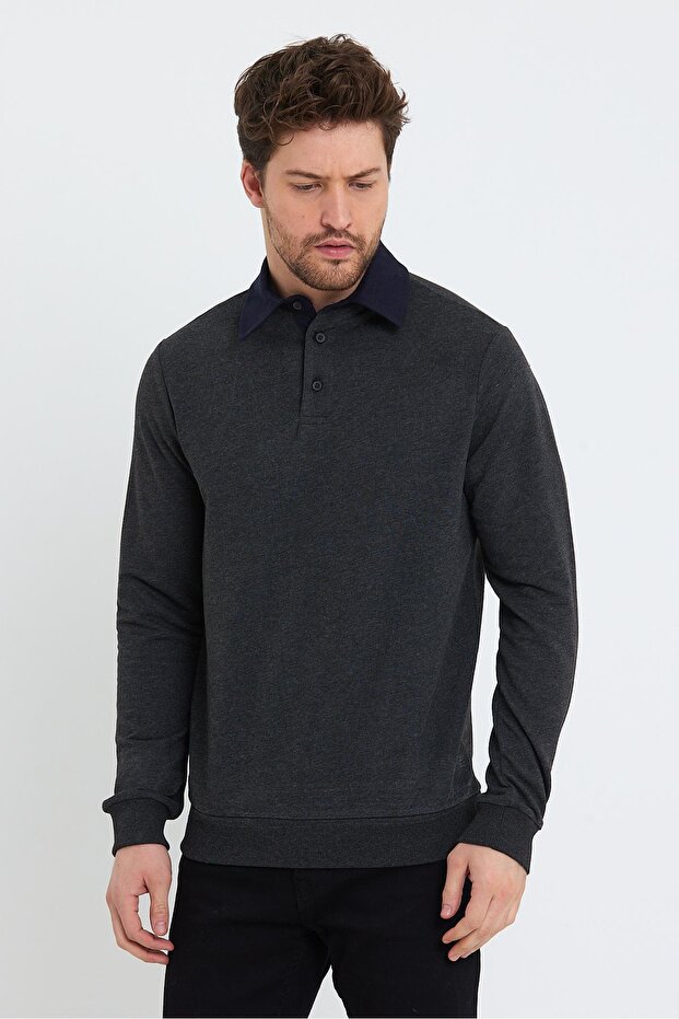 Men's Long Basic Polo Neck 2 Thread Anthracite Loose Sweatshirt
