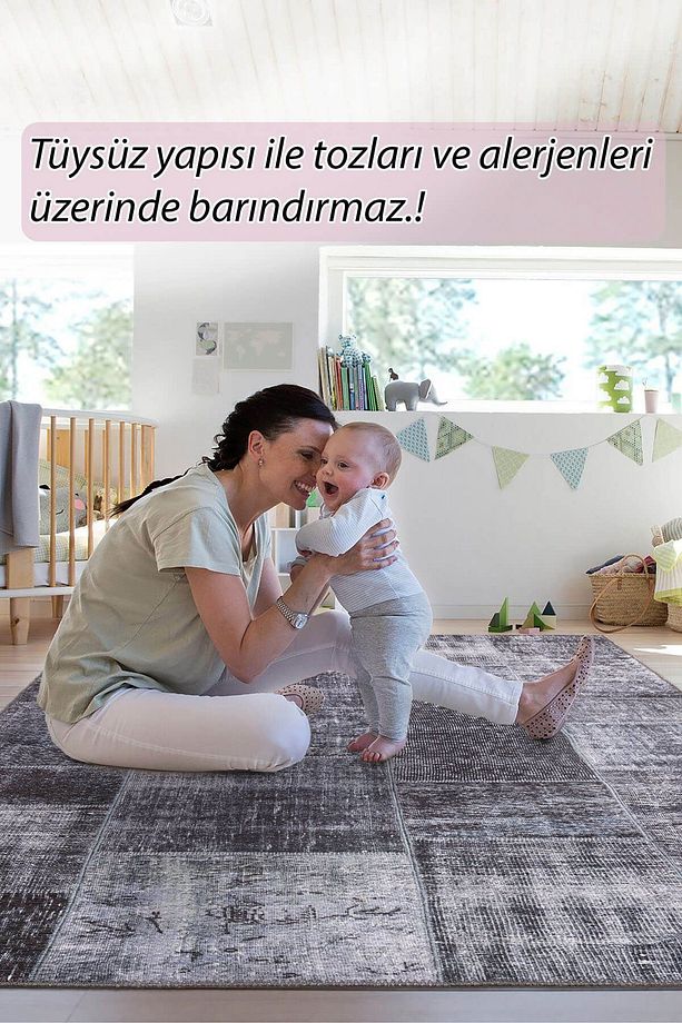 Patchwork Desenli Salon Halısı, Dokuma Taban Dekoratif Şönil Siyah Halı Jazz Al 81 - 9