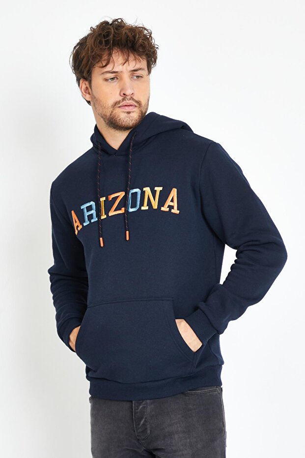 Men's 3 Thread Cotton Fleece Lined Regular Fit Embroidered Hooded Navy Blue Sweatshirt with Kangaroo Pocket