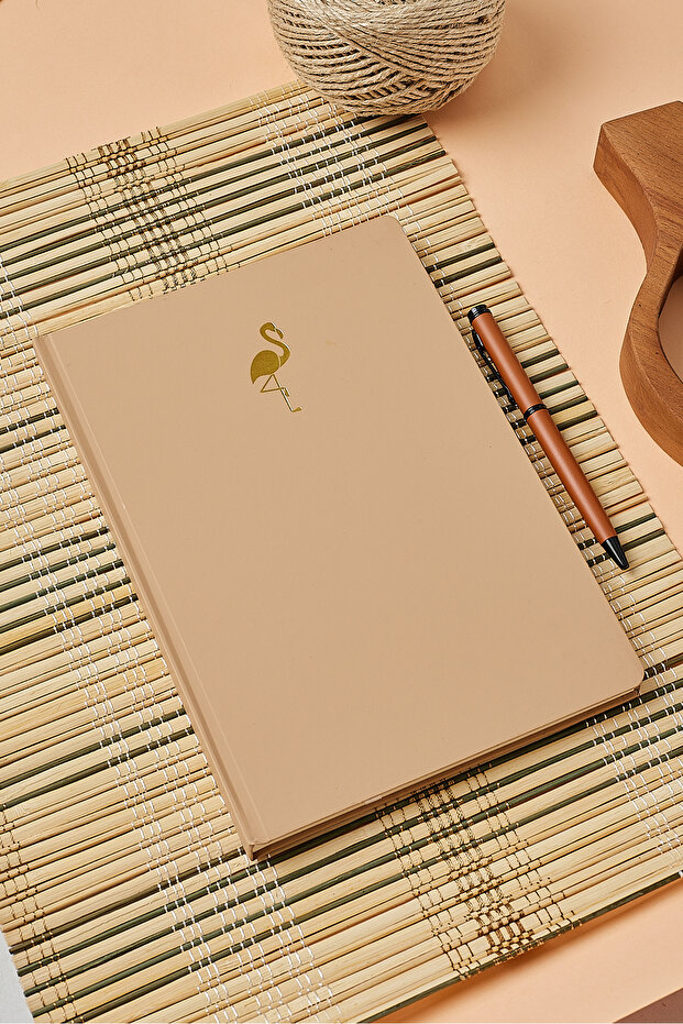 112 Sheets Note Book with Beige Gold Leaf Flamingo Printed Dotted Velvet Touch Cover