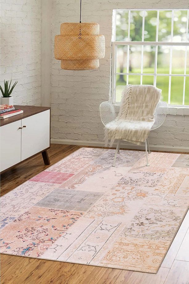Folk Patchwork Desenli Dokuma Taban Dekoratif Bej Halı BA 16 - 2