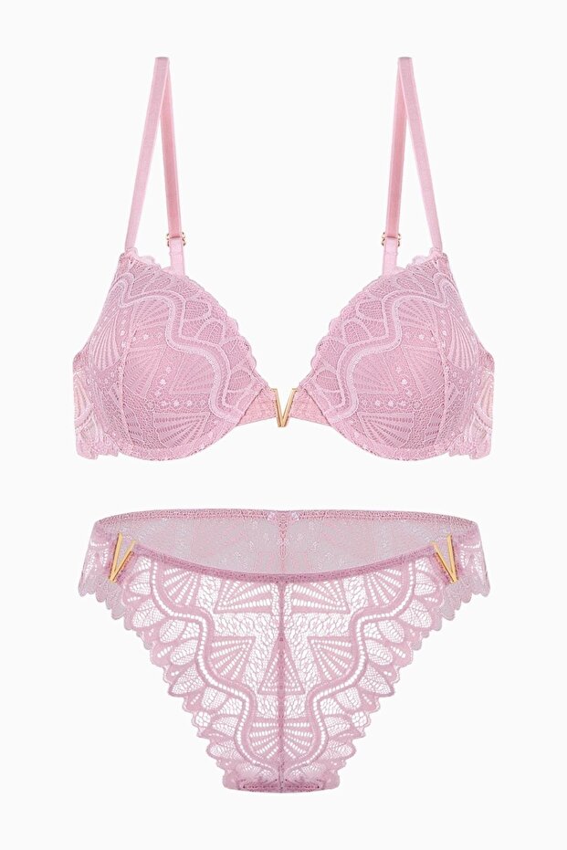 Anna Lace Bra Panty Set with Gold Accessories - Push up - 2568 - Powder