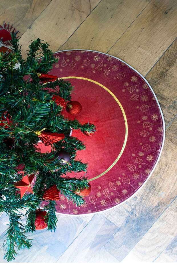 Yılbaşı Ağacı Altı Örtüsü, Çam Ağacı Ayak Halısı Örtüsü, Çamlı Desen, Dokuma Taban 100x100 Cm - 2