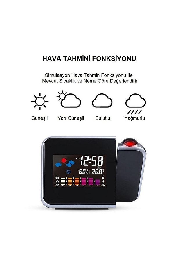 Projektörlü Lcd Ekranlı Dijital Masa Saati Yansıtmalı Tarih Derece Nem - 3