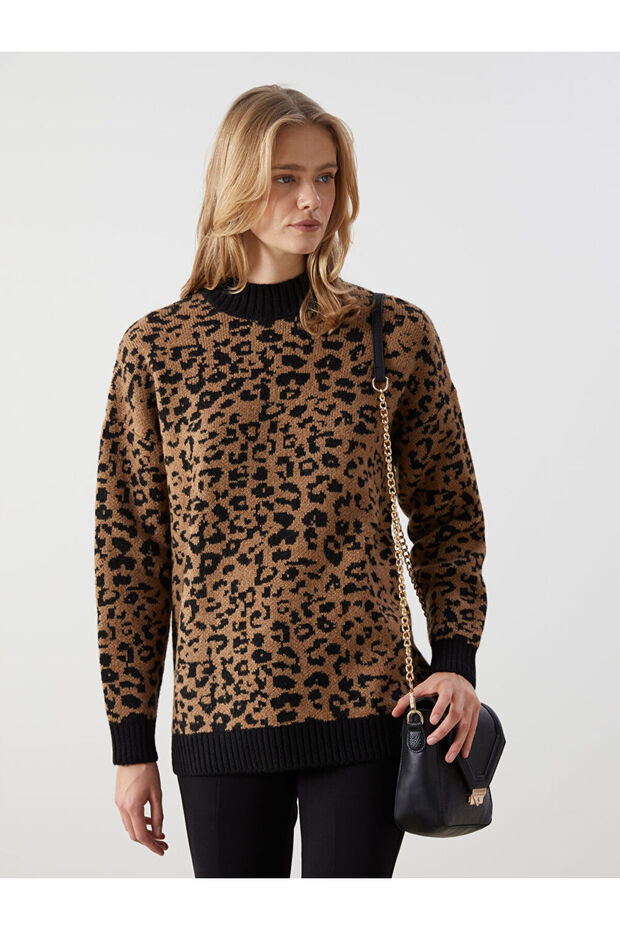 LCW Modest Dik Yaka Leopar Desenli Kadın Triko Tunik - 1
