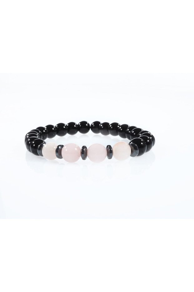Love, Affection and Passion Bracelet for Women and Men, Pink Quartz, Onyx Natural Stone Bracelet