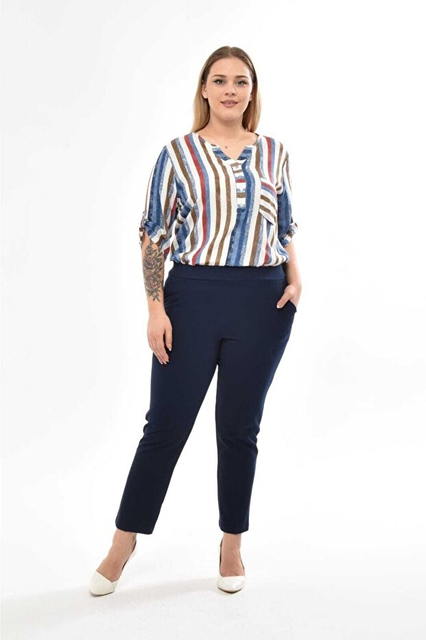Plus Size Navy Blue Skinny Leg Trousers