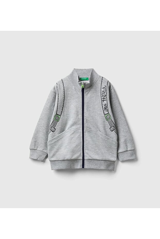 Boy's Gray Melange Backpack Printed Zippered High Collar Sweatshirt