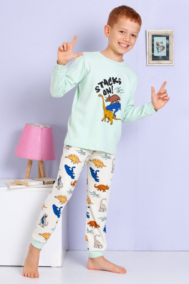 Boys and Baby Cute Dinosaur Print Mint Green-Ecru 100% Cotton Pajamas Set