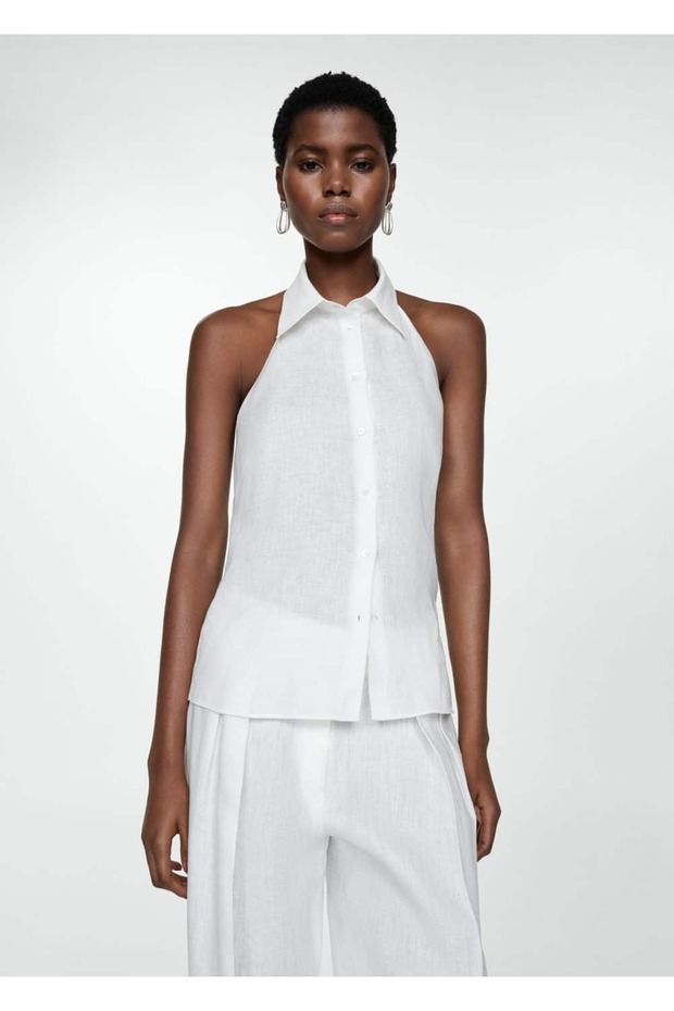 %100 keten halter yaka bluz - 1