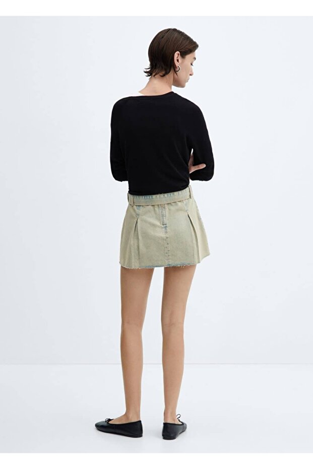 Kemerli denim mini etek - 4