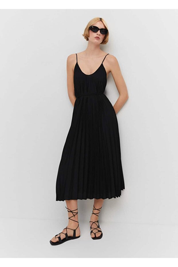 Bağcıklı pilili elbise - 6