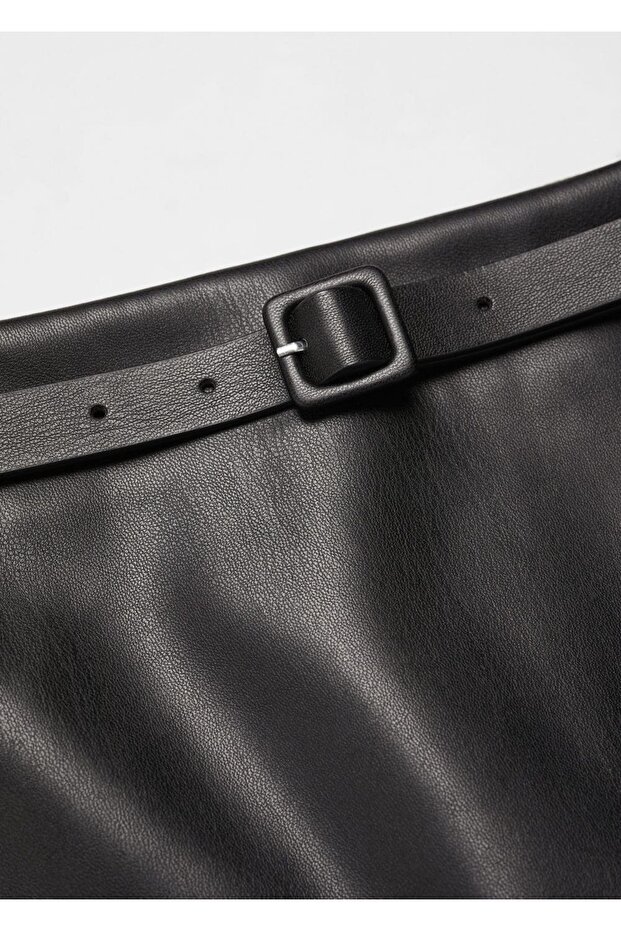 Kemerli Deri Görünümlü Mini Etek - 5