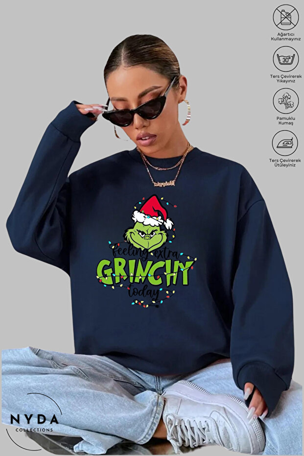 Unisex Long Sleeve Feel Grinch Christmas Printed Crew Neck Hoodless Raster Oversize Sweatshirt