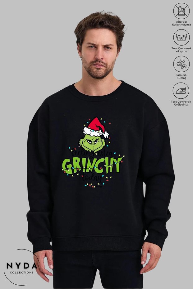 Unisex Long Sleeve Feel Grinch Christmas Printed Crew Neck Hoodless Raster Oversize Sweatshirt
