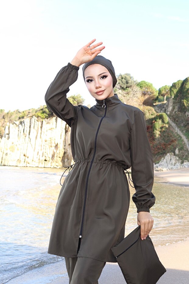 Adjustable Waist Hijab, Modest Swimsuit, 4-Piece Set with Bag and Bonnet, Khaki