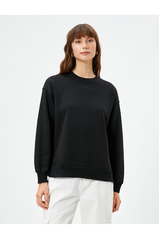 Bisiklet Yaka Sweatshirt Basic Uzun Kollu Ribanalı - 3