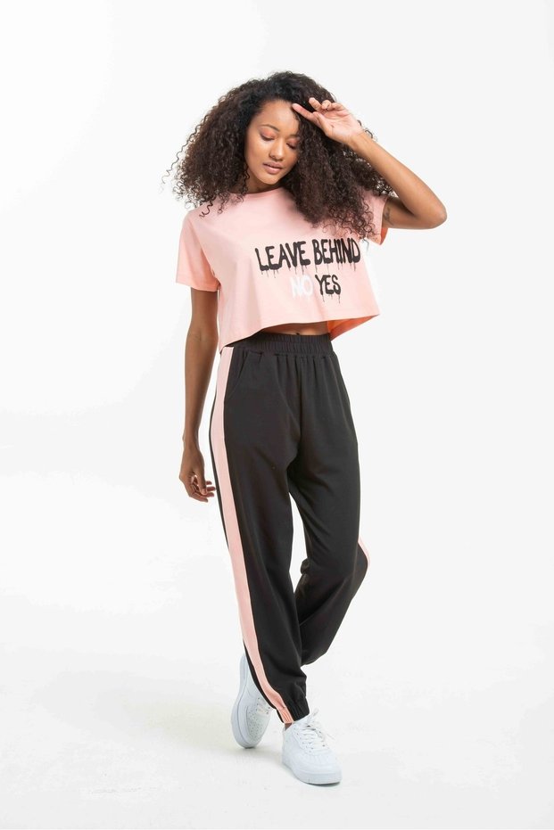 Women's Printed Cropped Pocket High Waist Tracksuit Set 22037 Black