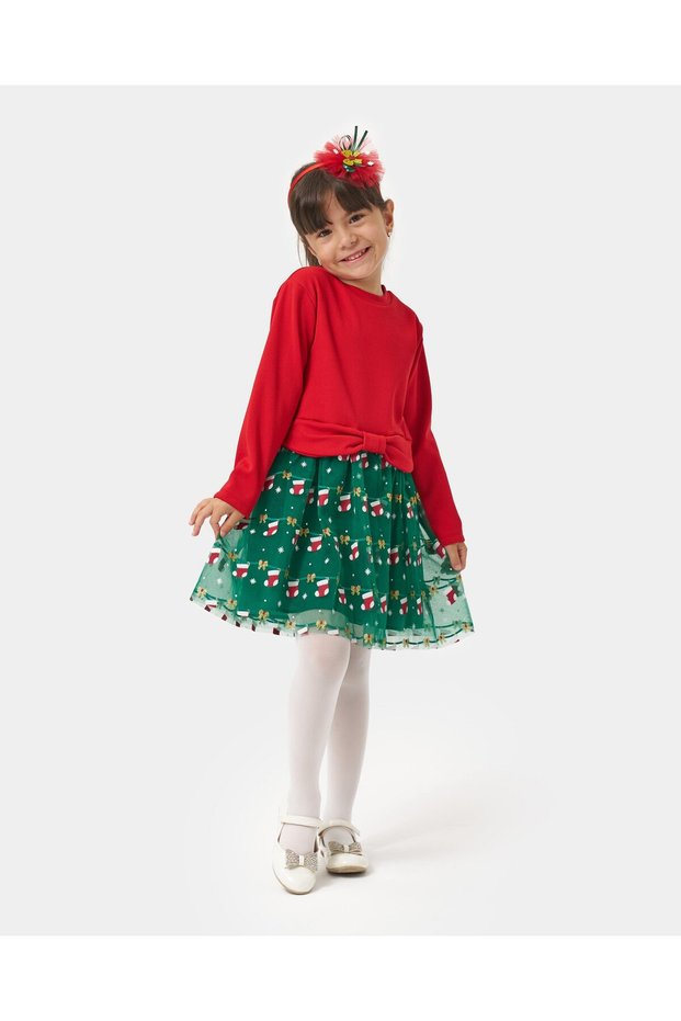 Girl's Bow Detailed New Year's New Year's Christmas Cotton Dress