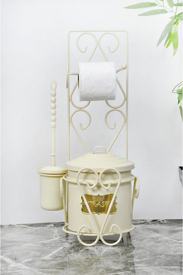 Vintage Design Toilet Kit, Toilet Brush and Trash Can, Set 57X28X22Cm, Trash Can 23cm Diameter